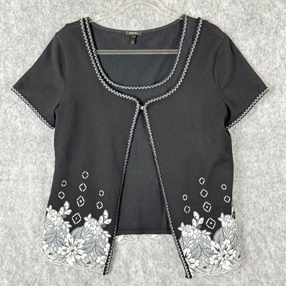 Escada Wool Cashmere Silk 2pc Knit Set Beaded Lace S/S Cardigan + Tank Sz 42